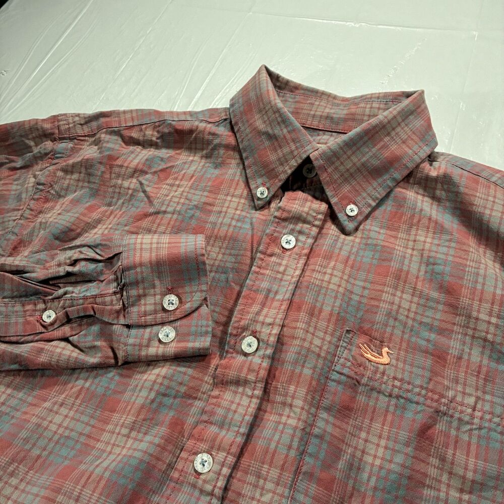 Southern Marsh Mens L Plaid Button Down Shirt Long Sleeve Red Blue Mallard Logo